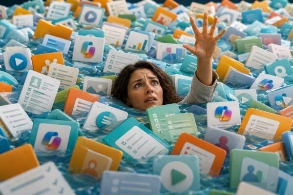 Person surrounded by a flood of digital content cards and app icons, struggling to stay above water, representing information overload and the challenge of finding time for AI learning.