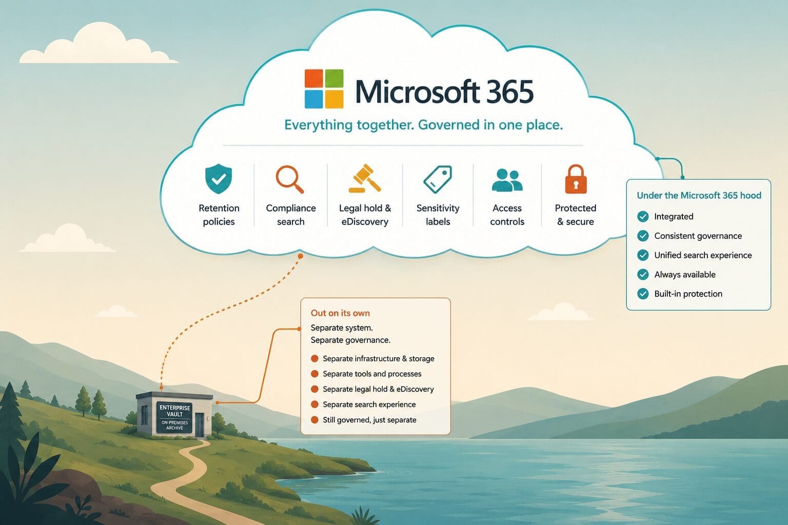 Microsoft 365 shown as a large cloud-based platform above a distant Enterprise Vault archive building, illustrating separate information governance environments.