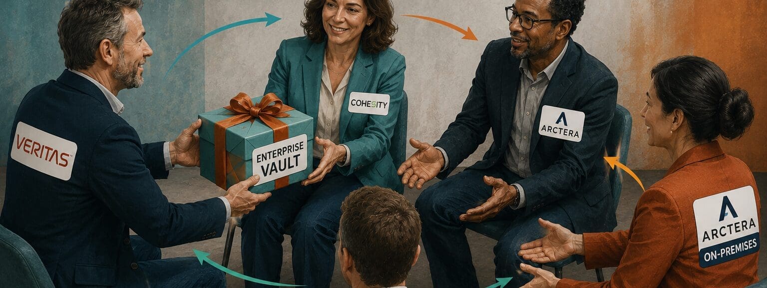 Illustration showing Enterprise Vault being passed between vendors like a game of pass-the-parcel. Representatives labelled Veritas, Cohesity, Arctera and Arctera On-Premises sit in a circle passing a gift box marked "Enterprise Vault", highlighting recent ownership and organisational changes.