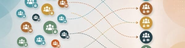 Abstract illustration showing legacy user groups mapping inconsistently to modern Microsoft 365 group structures, with group, security and shared mailbox icons connected by mismatched lines.
