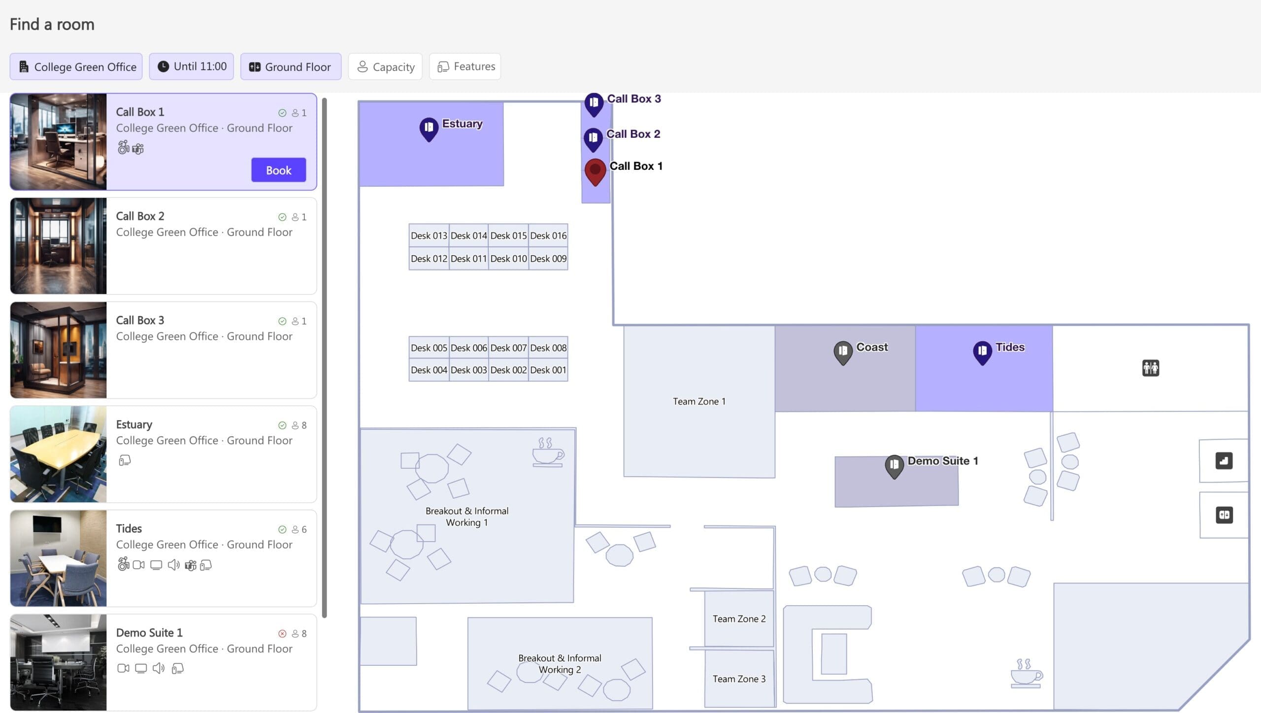 Example Microsoft Places map showing desks, meeting rooms, and key amenities