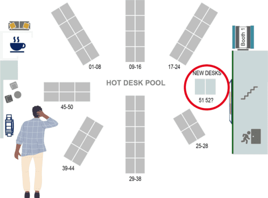 Man confused by out of sequence desk numbering in office