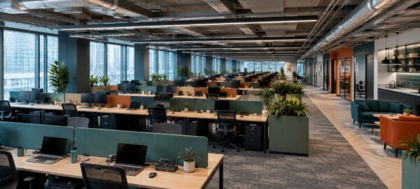 Panoramic modern open-plan office with long banks of desks, monitors, docking stations, breakout areas and colour-accented workspace zones.