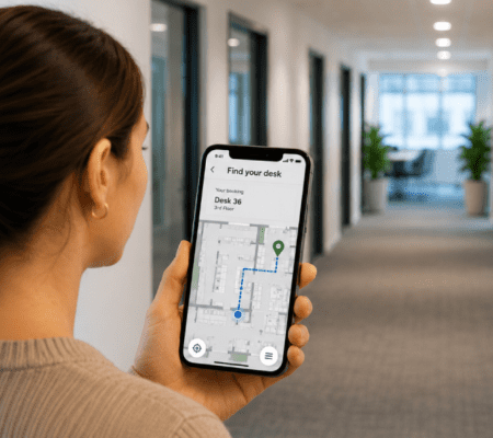 Illustration of a modern office wayfinding system showing a user navigating to a booked desk using a mobile floorplan map.