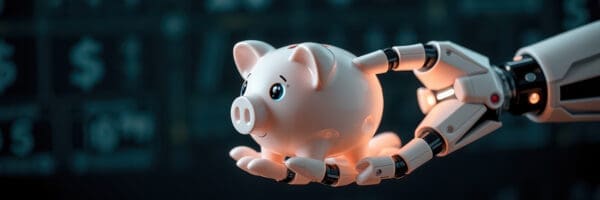 Robotic hand holding a piggy bank symbolizes saving using techno