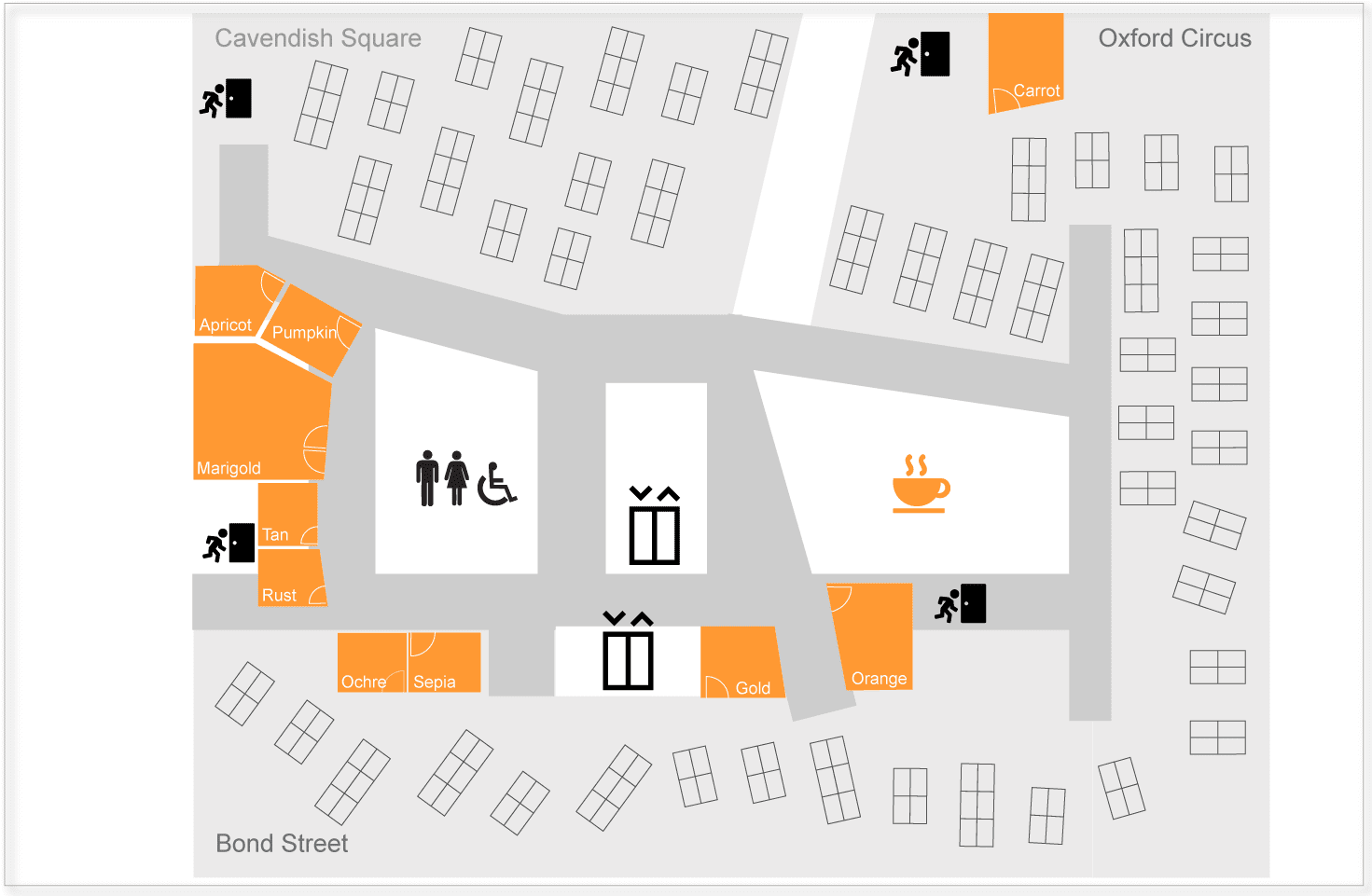Example of a stylised workspace booking map for Microsoft 365
