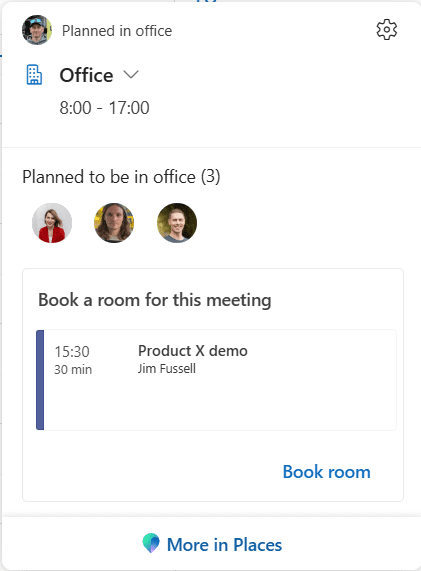 Microsoft Places room booking screen showing available rooms with times and details.