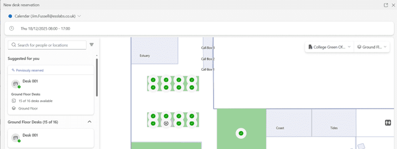 Microsoft Places IMDF floorplan showing desk and room locations.