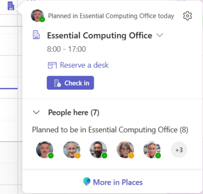 Screenshot of Places card showing staff planning to be in the office.